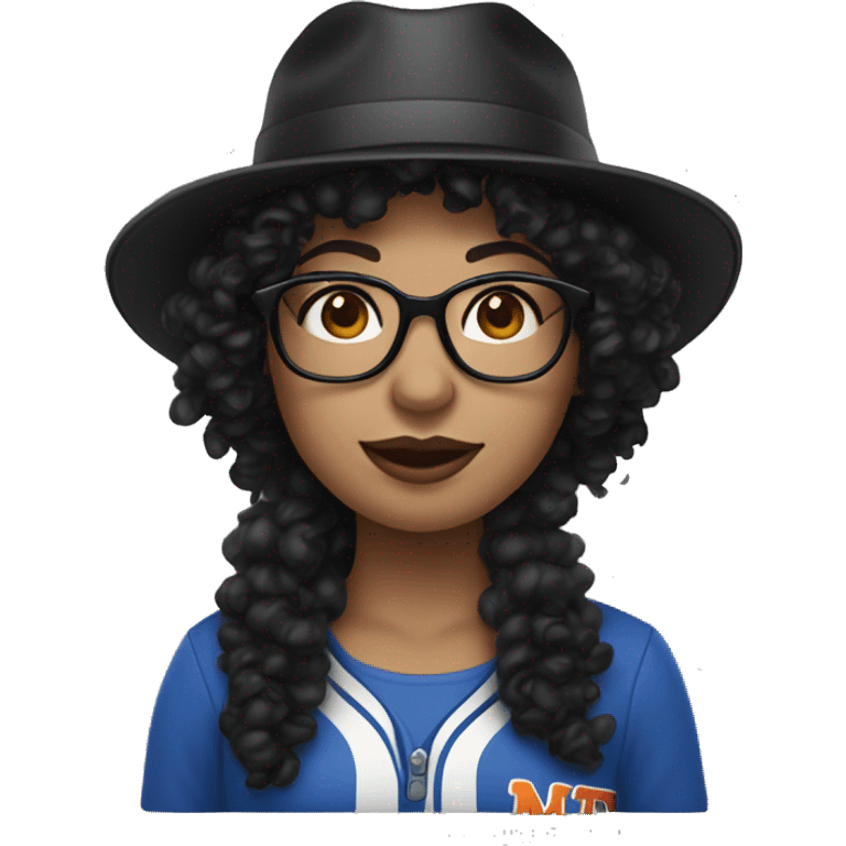 fair skinned woman with black curly hair and Mets hat and glasses emoji