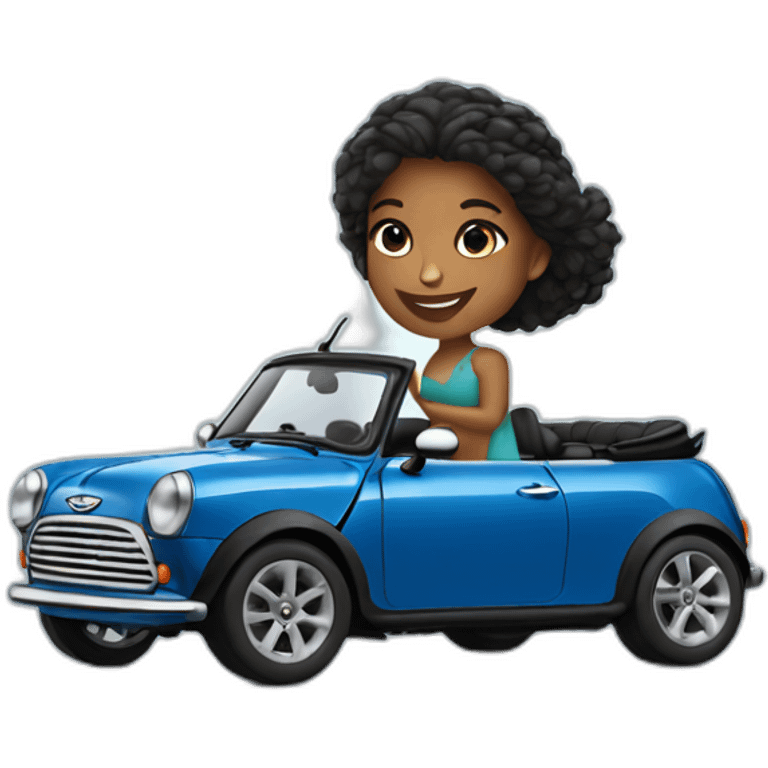 a girl drives a blue convertible mini cooper emoji