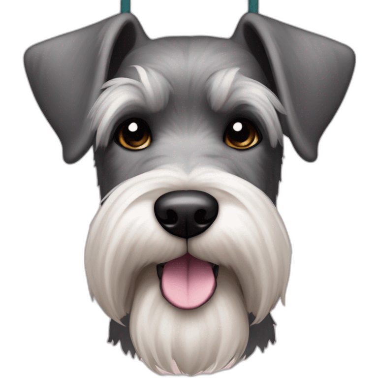 dog color "pepper and salt" breed medium Schnauzer with hanging ears hanging ears and a pale pink string around its neck emoji