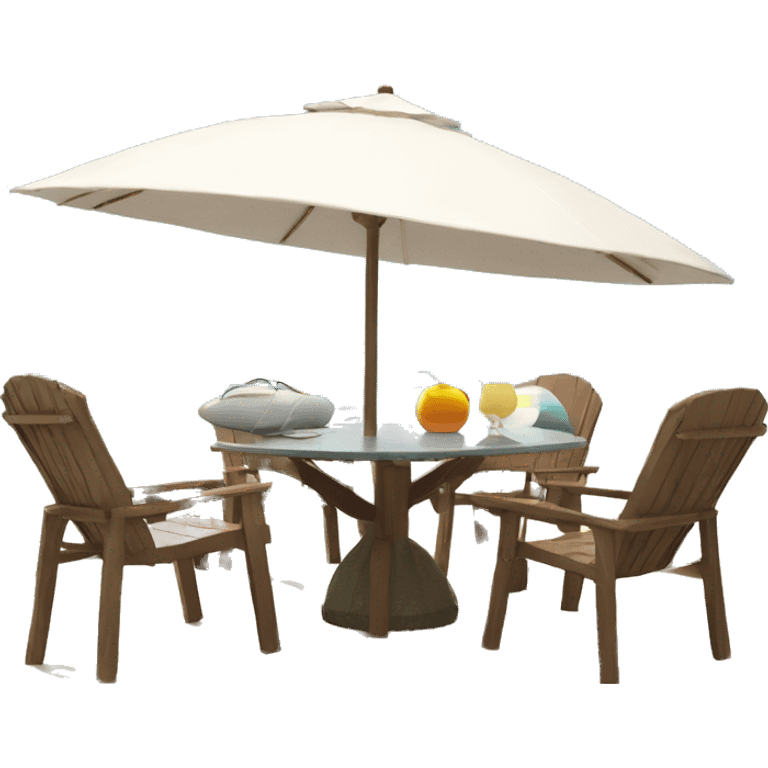 Beach table with chairs and a large umbrella. There are 6 large solar panels on the umbrella emoji