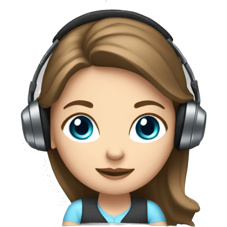 white girl at desk, brown hair, blue eyes, computer, headphones emoji