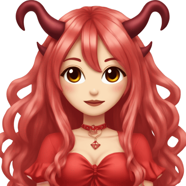 hime gyaru girl, devil horns, red long hair, red dress emoji