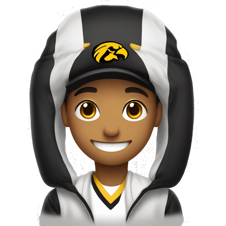 smiling boy in white shirt and Iowa Hawkeyes hat emoji