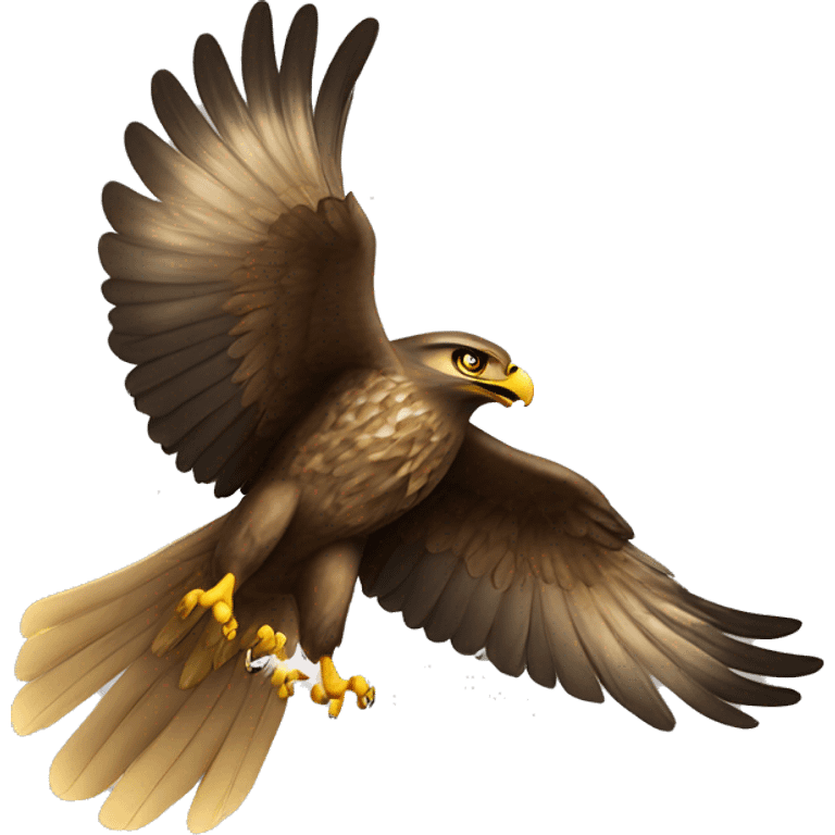 A hawk taking flight, holding in its talons a small golden horseshoe open at the top, a cross between its arms  emoji