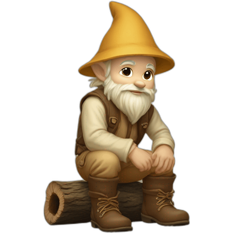 side view angle of gnome with light tan pants and light tan boots squatting on top of small brown log emoji