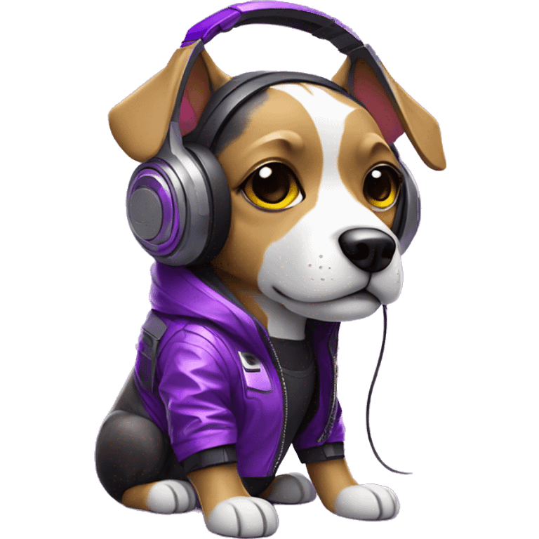 cyberpunk dog hightech with headphone wearing glowing purple jacket emoji