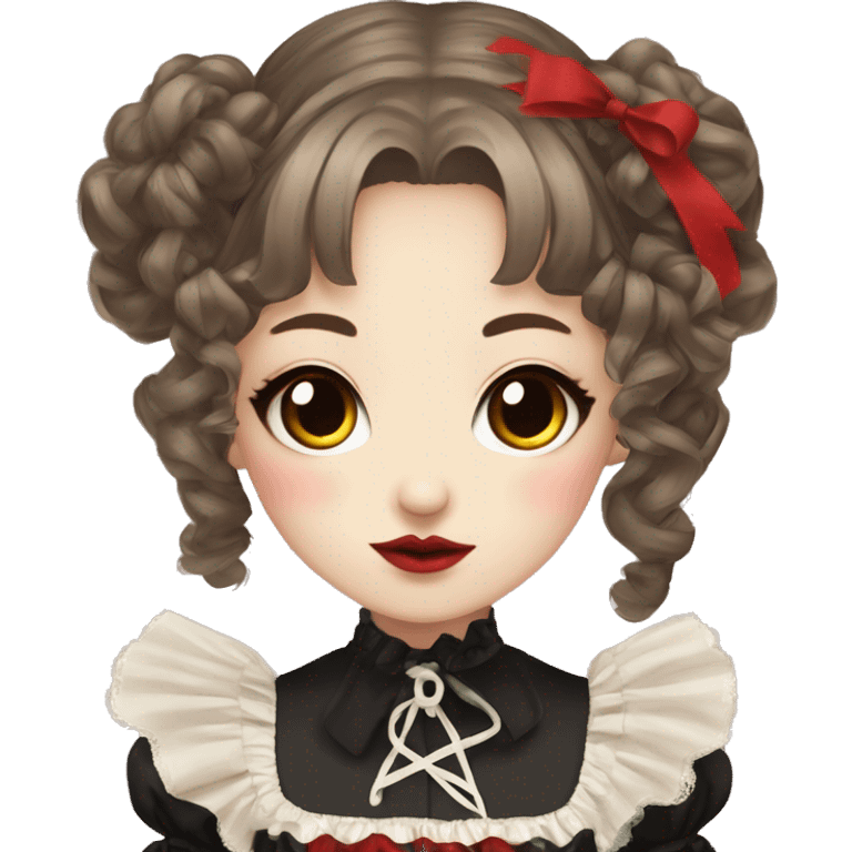 Japanese pale woman with brown curly pigtails and bangs, red lips and eyeshadow, long eyelashes, brown eyes, red Lolita dress with laces and ribbons, gothic Lolita doll look emoji