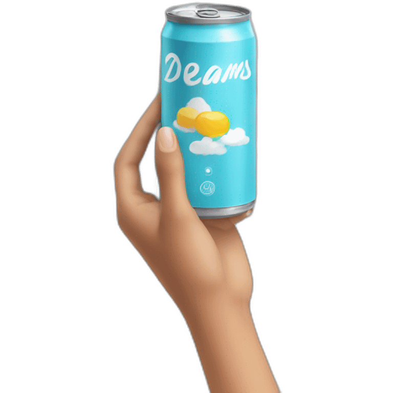 hand holding a can of product with clouds written dreams emoji