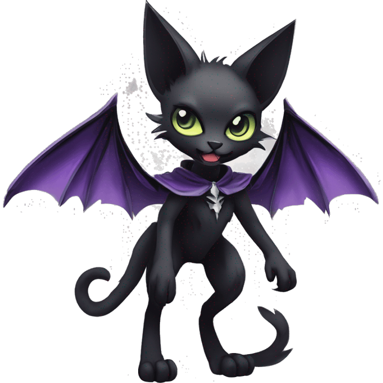   cool edgy beautiful anime-style ethereal dark-punk-themed animal vampiric cat-hybrid Fakemon with big fangs and bat-wing-ears with a cape full body emoji