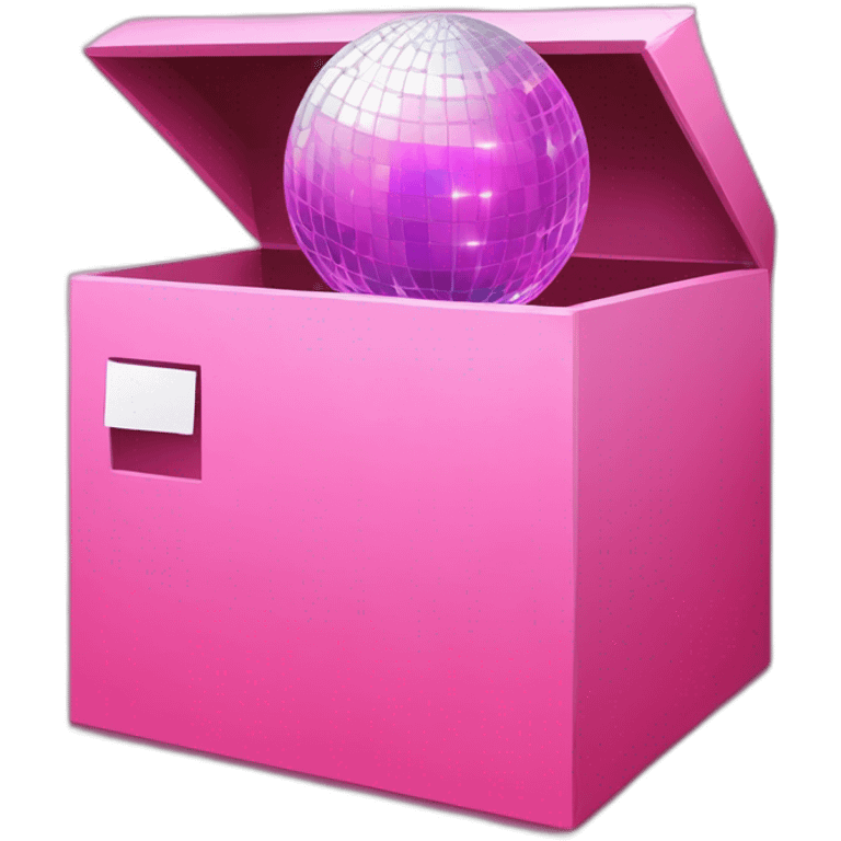 Inside a pink box, the letter "u" is in the middle, and disco ball, laptop, pencil and paint emojis peeking out from around the box. emoji