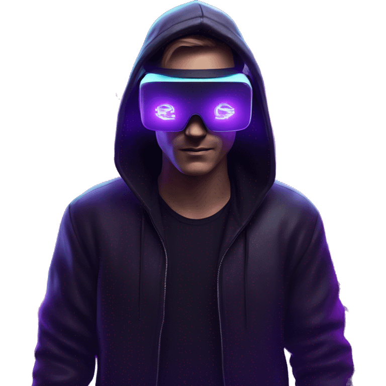 Russian man wearing a black hoodie with "OMG" letters on it and VR headset in a cyberpunk VR environment with violet neon lighting. emoji