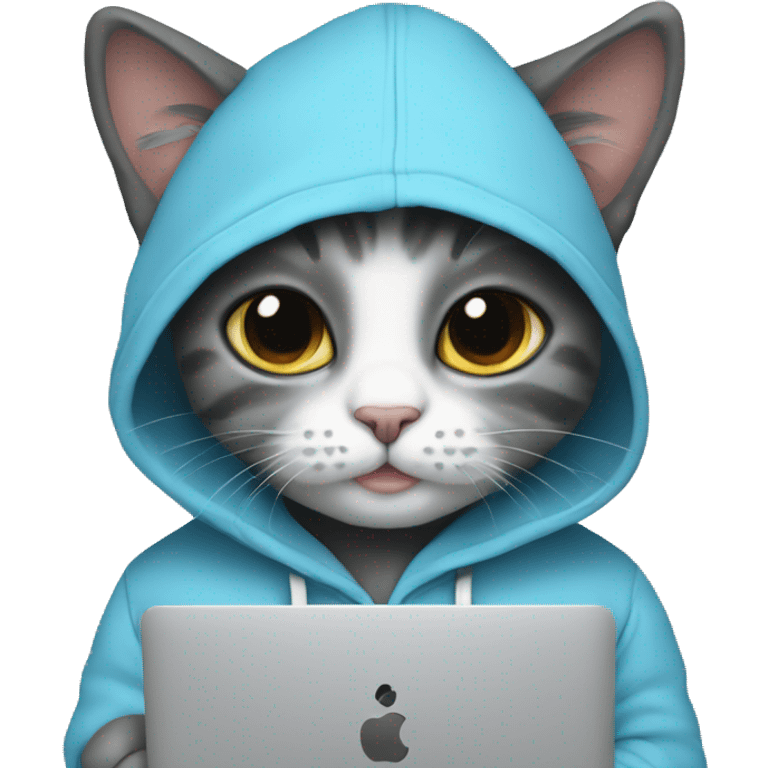 Cat wearing baby blue hoodie and a black MacBook emoji