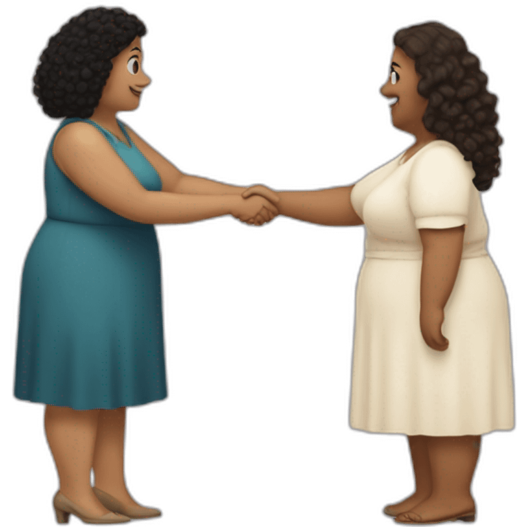 tan chubby woman with black curly hair shakes hands with a chubby pale woman who has straight light brown hair emoji