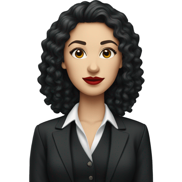 corporate white woman, red lipstick, long black curly hair, black shirt, black blazer  emoji