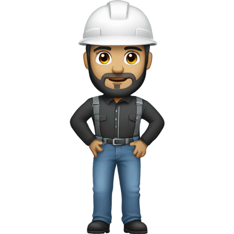 An engineer with white-skin and black-beard, standing and wearing black jeans and light blue long sleeve and white helmet  emoji