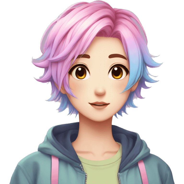 Gorgeous anime style tomboy with blushing face aesthetic and pretty colorful shiny gradient pastel hair trending style emoji