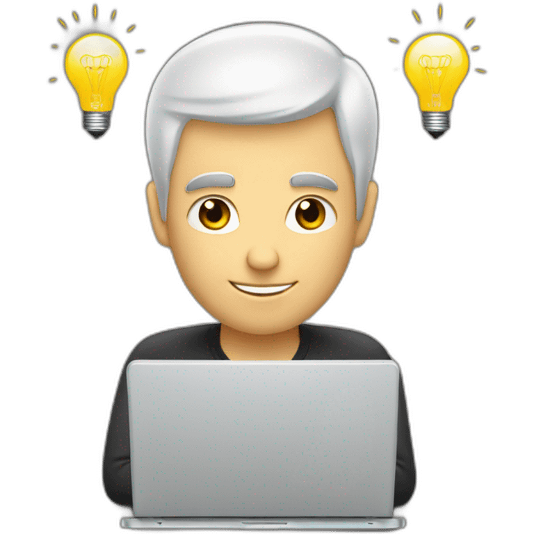 A white man with short, buzzed, black hair working on a laptop with a lightbulb above his head emoji