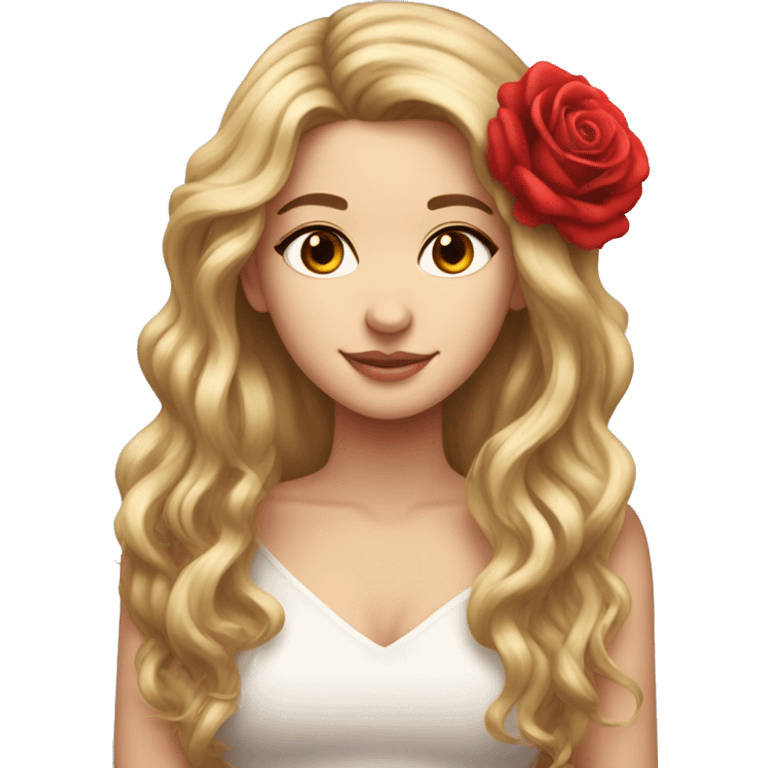 Beautiful, rose, red, flowers in hair, long dark blond hair, white fair skin emoji