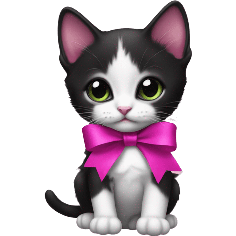 Baby Tuxedo kitten with a magenta ribbon  emoji