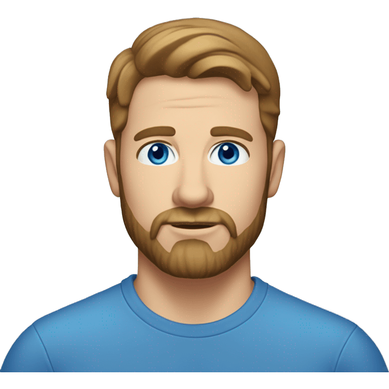 A head and shoulders shot of a 34 year old white man, with short brown hair, with beard facial hair,   with blue eyes wearing a t-shirt. emoji