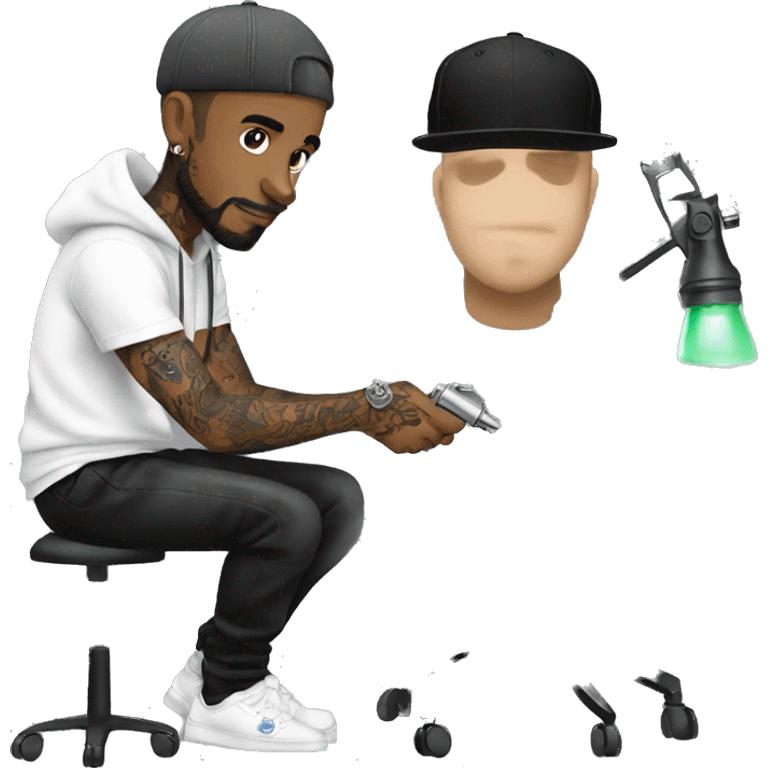 male tattoo artist using hoodie and cap holding tattoo machine emoji