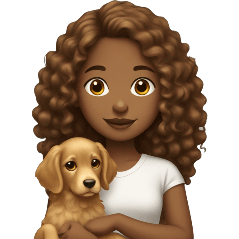 Brown girl with brown curly hair with a golden retriever puppy emoji