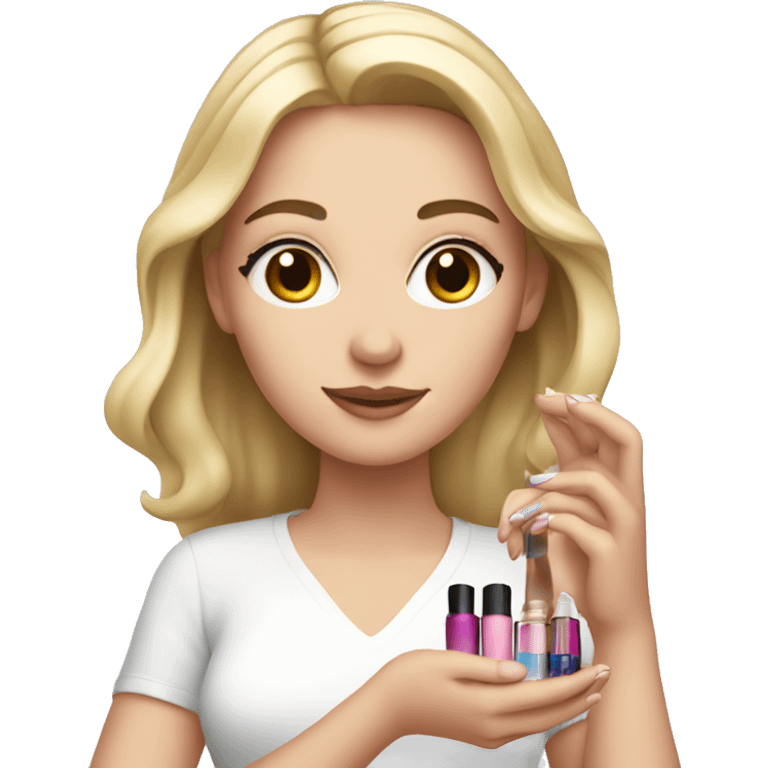 one white girl holding cosmetics in her hands emoji