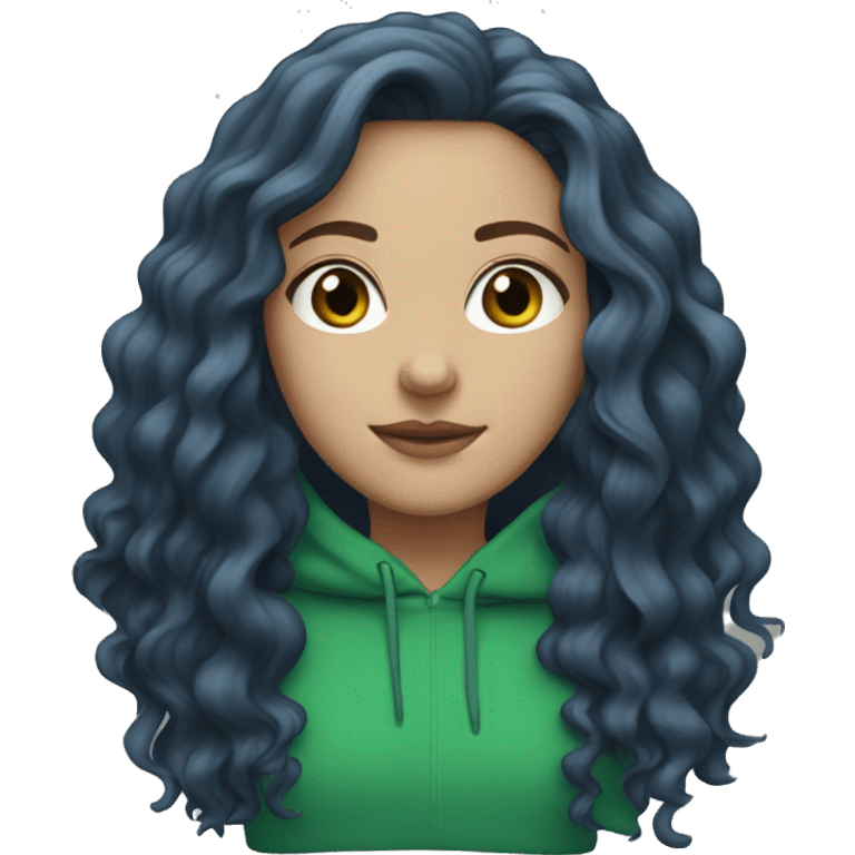 white girl with long wavy dark blue middle parted hair wearing green hoodie emoji