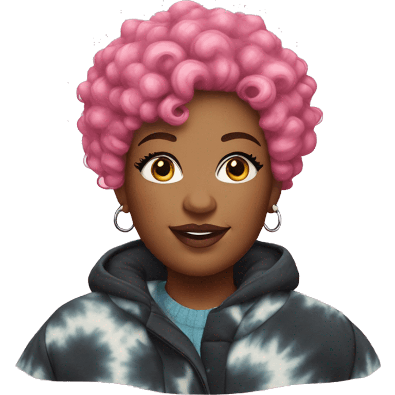 Plus size black woman with pink curly pixie cut hair and a tie dye winter coat  emoji