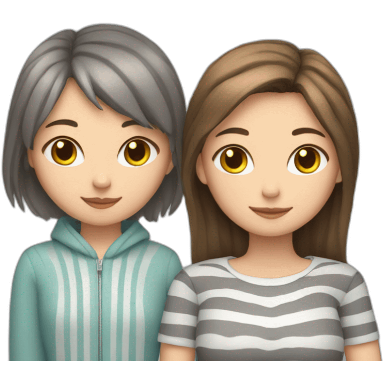 Grey cat with stripes sit near a girl with brown hair emoji