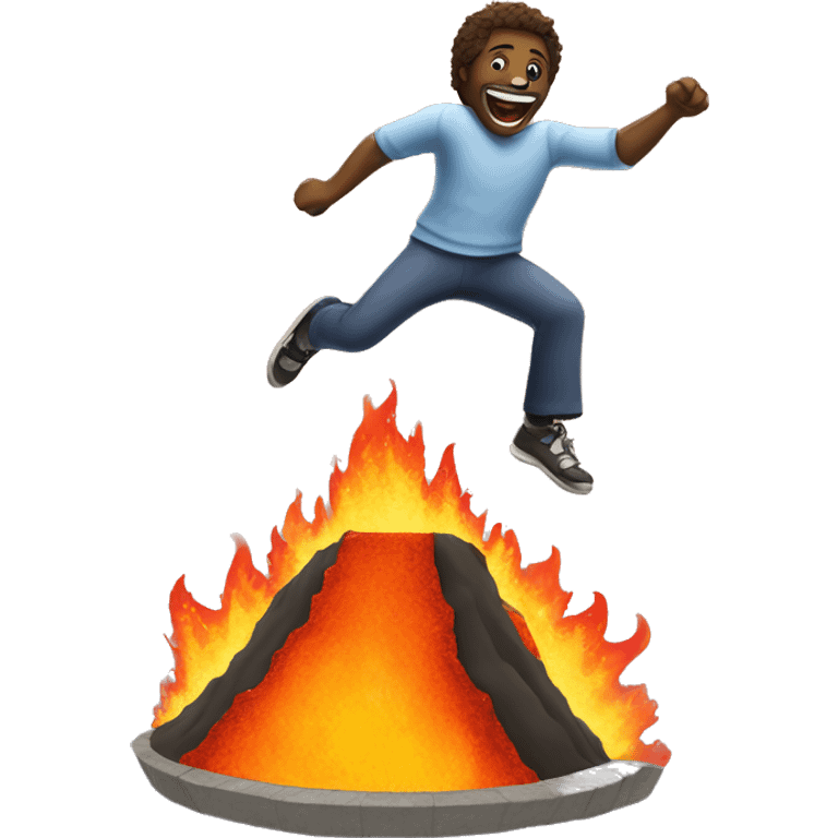 Happy man jumping into a flaming volcano that is fake and has a trampoline in it emoji