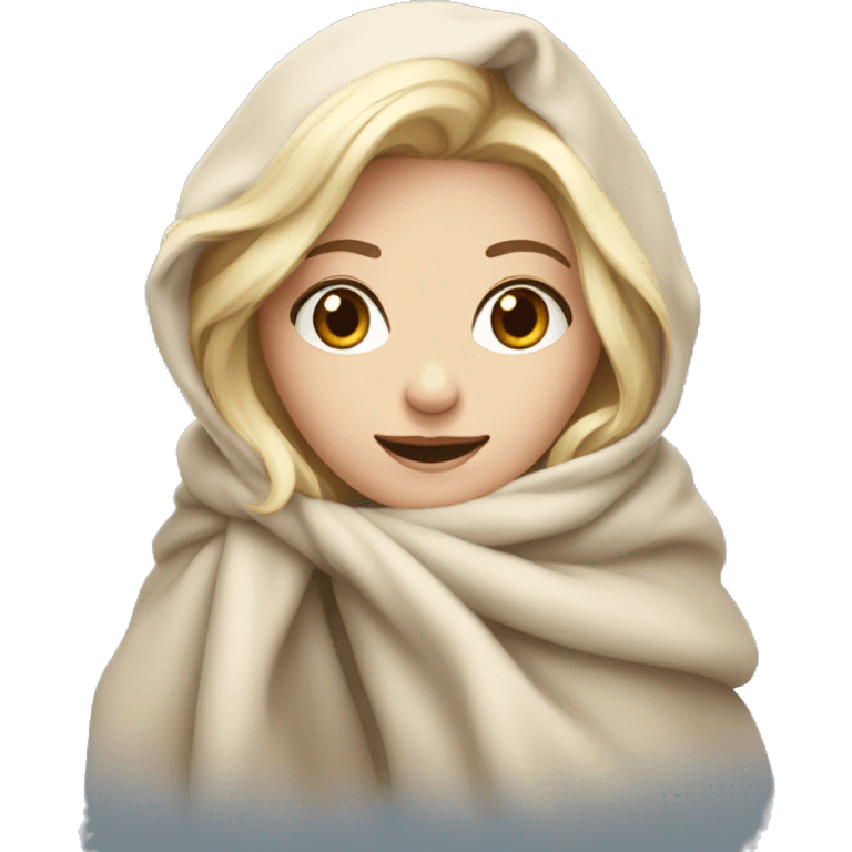 White blonde girl bundled up with beige blanket around her emoji