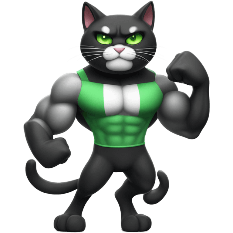 Ultra Muscular gigachad black and white Cat with green eyes flexing His biceps full body  emoji