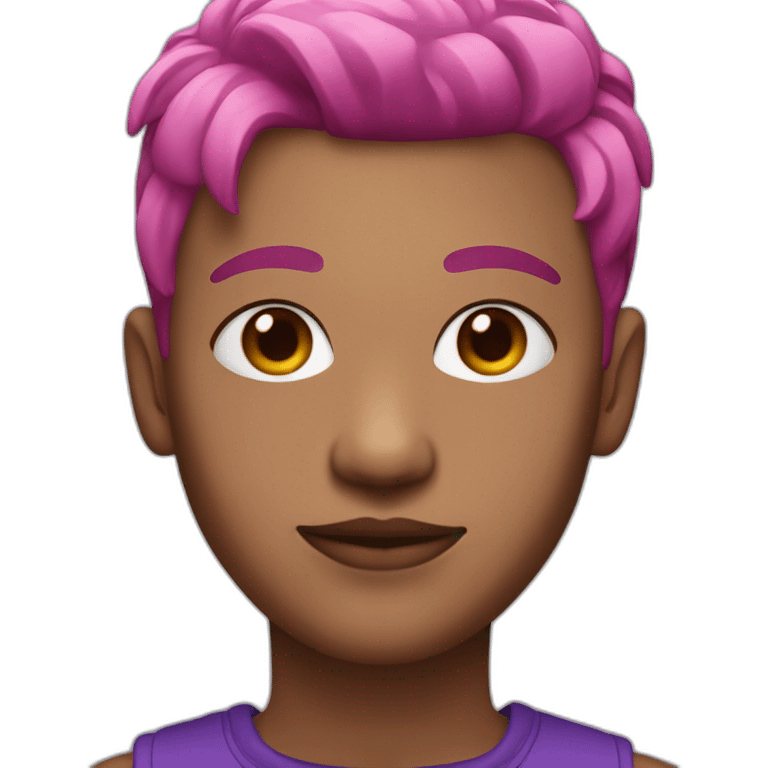 a non binary person with a dyed mullet with pink hair on top and purple under and brown eyes emoji