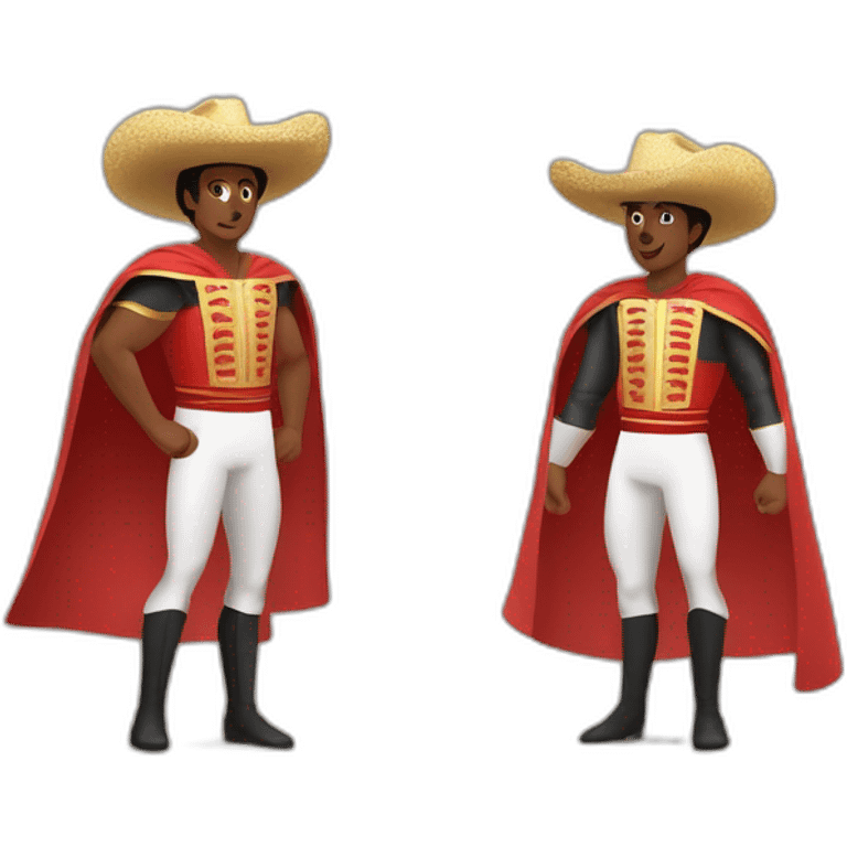 a runner athlete. Put a hat called montera torera on his head. Draw him with the posture of open arms greeting the audience.  and in the other a bullfighter's cape emoji