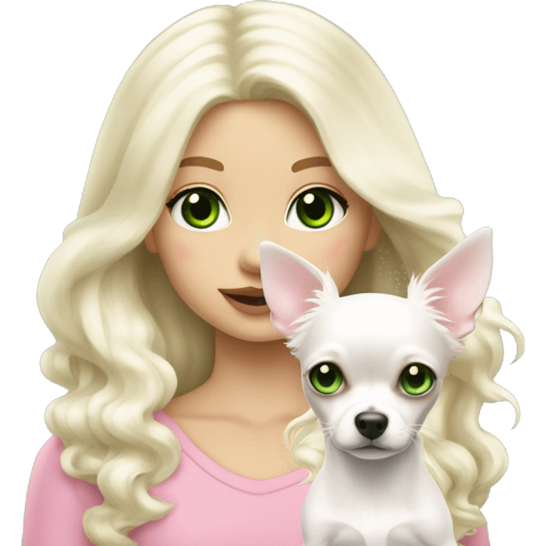 pale blond girl with wavy long platinum white hair with bright green eyes holding a white chihuahua that wearing a pink bow emoji