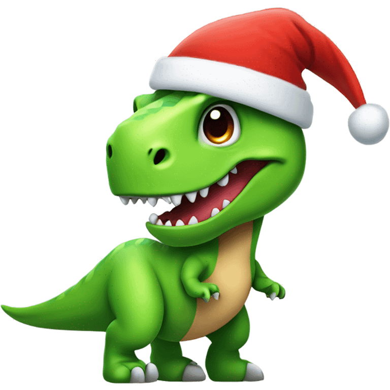 A cute green T-Rex with a Santa hat on emoji