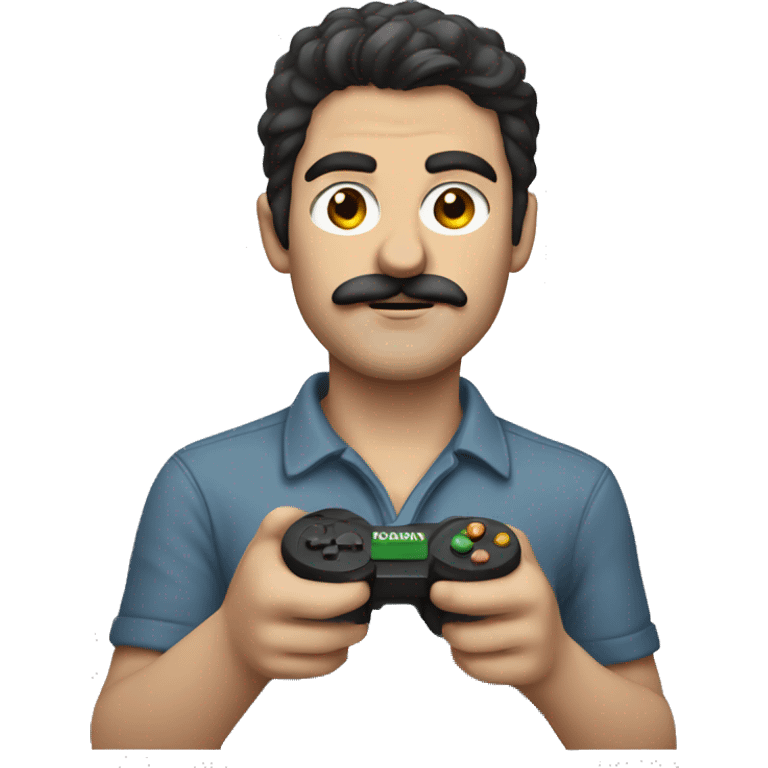 dark hair dark eye man with short mustache holding game controller emoji