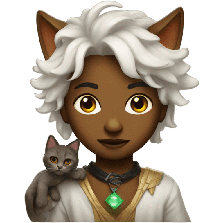 Sun warlock with olive skin holding a black kitten emoji