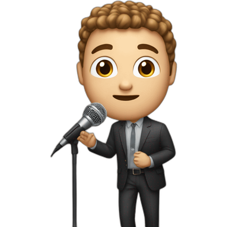 White Person men with brown hair and light skin on stage spotlight with microphone stand in front of him emoji