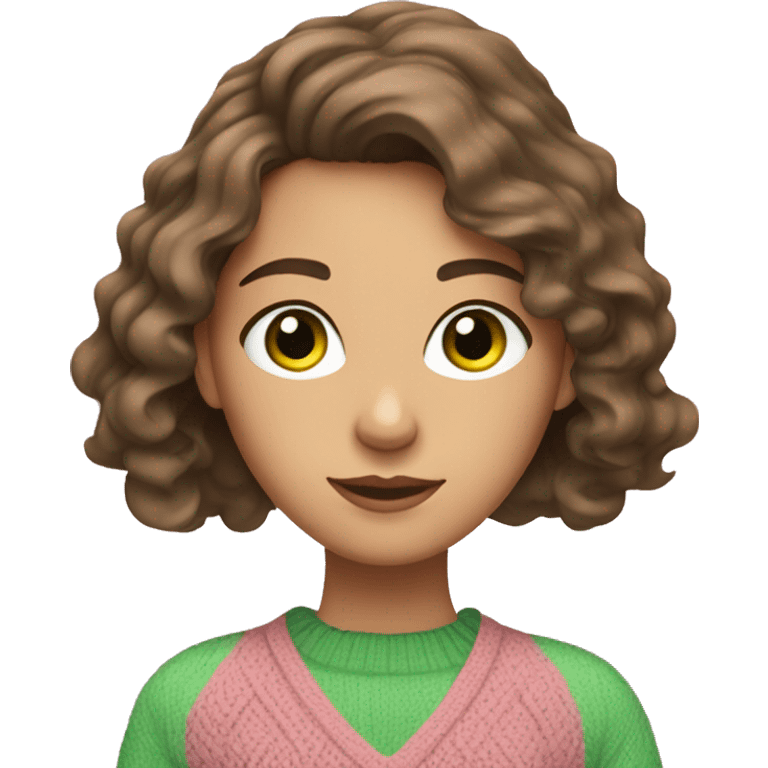 Caucasian brunette girl with wavy hair and green eyes and a pink sweater emoji