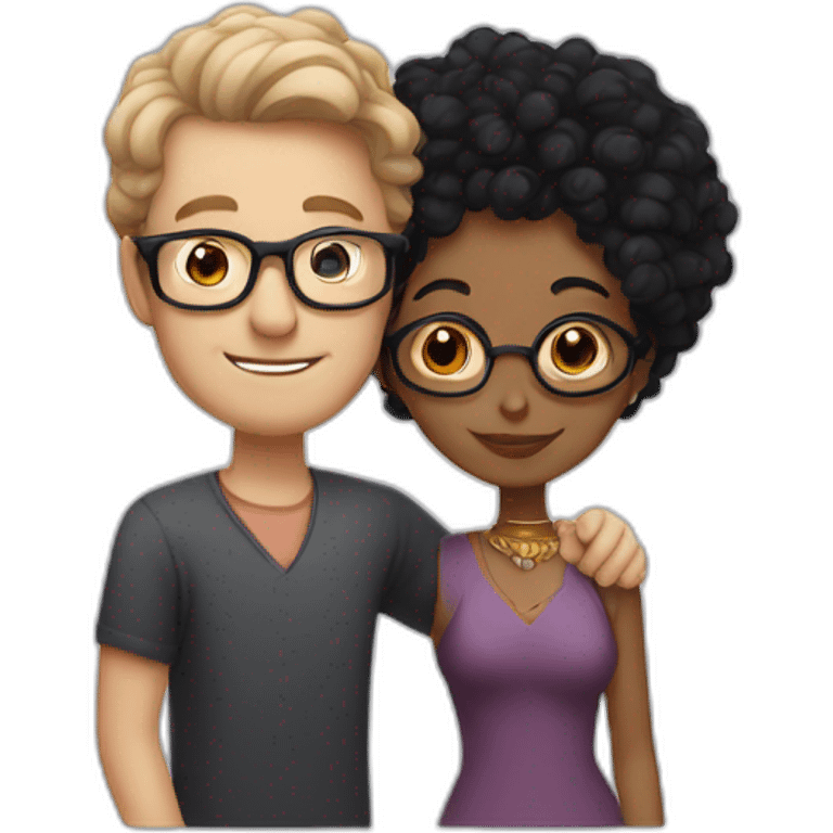 Tall white man with black hair and glasses hugging an Indian woman with curly hair emoji