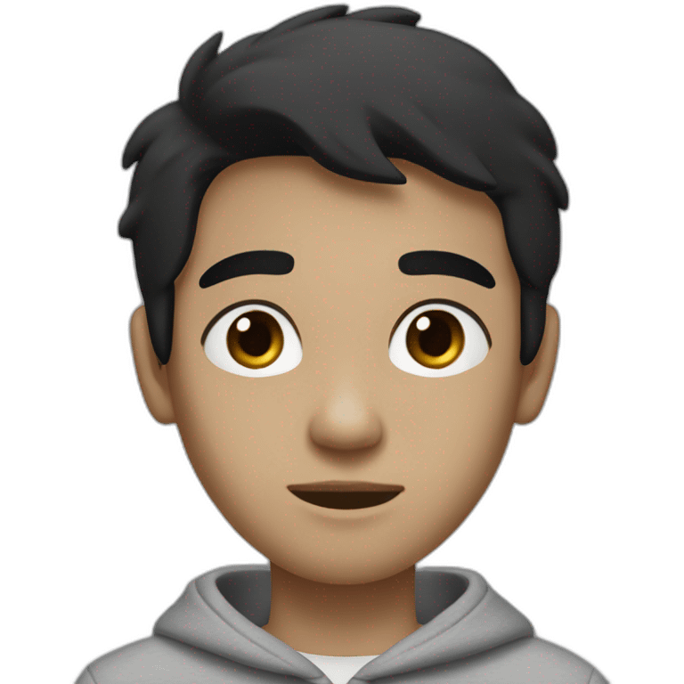 Boy with straight black hair, medium black eyes with a gray sweatshirt, with a thin face and semi-dark white skin emoji