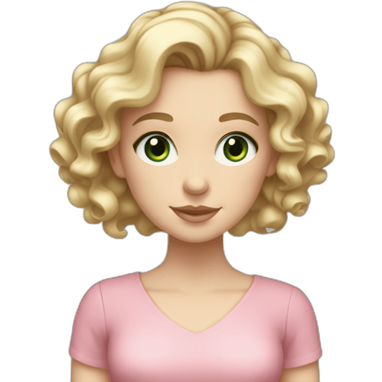 White girl with round face, long curly blonde hair grey-green eyes, pink dress emoji