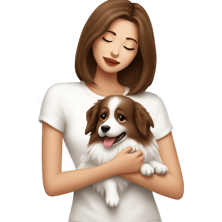 beautiful girl with brown hair kissing her cream white spitz dog emoji