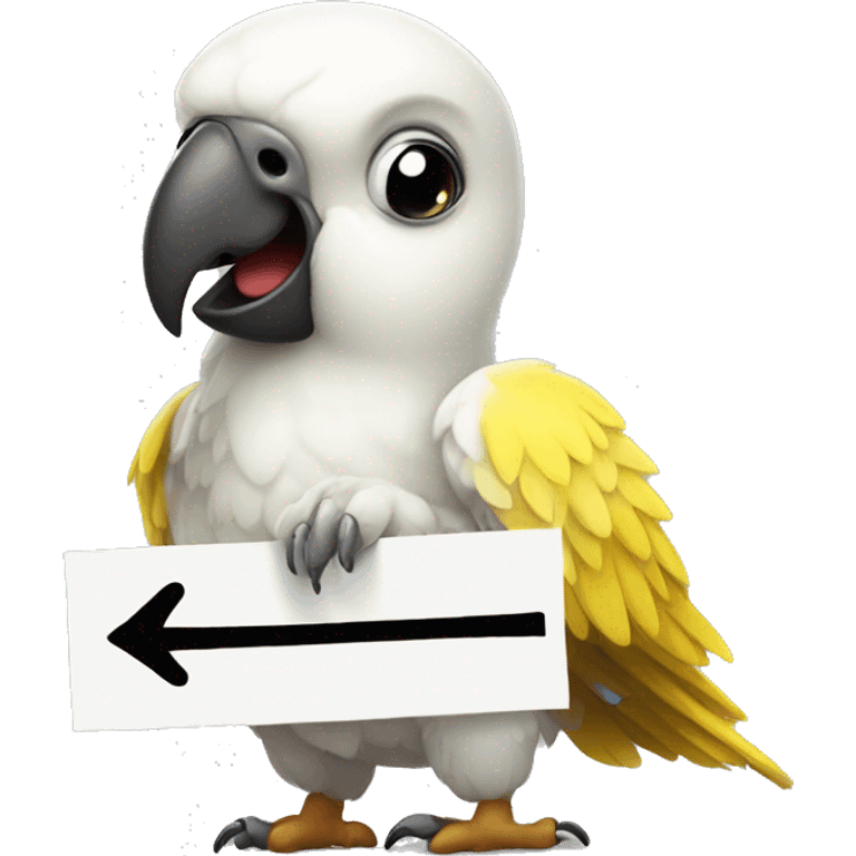 white and yellow parrot  holding a sign with the black inscription i love you emoji