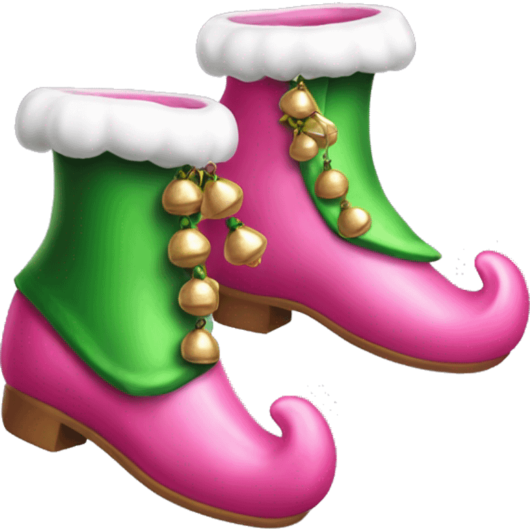 Realistic isolated pink and green elf shoes with bells. emoji