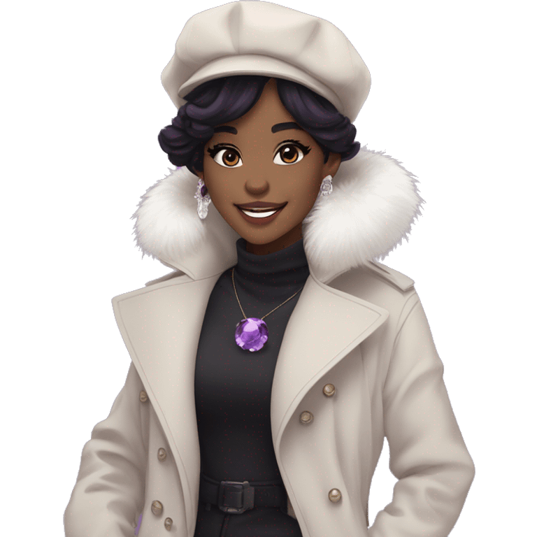 black hair, pale skintone, long messy hairstyle, beret hat, purple eyes, smile, long black trench coat with white fur around the neck, purple crystal earrings, purple crystal necklace emoji