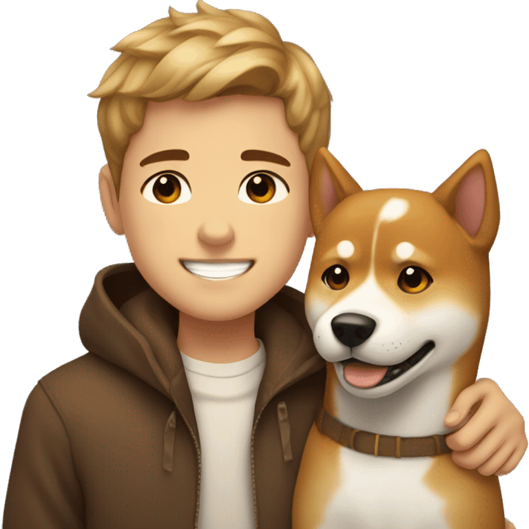 brown hairs boy with brown eyes and wide brows 12 years smiling and hugging with dog shiba inu  emoji