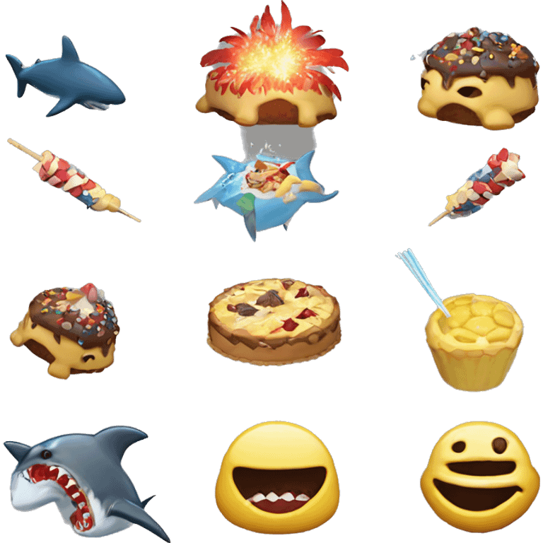 firework show with sick shark eating cake and throwing ninja stars at turtles eating bananas emoji